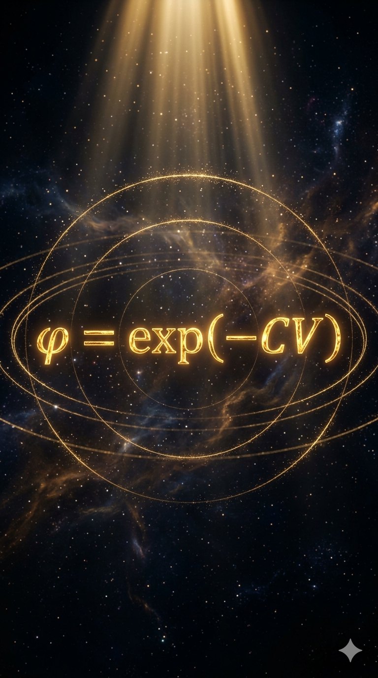 The coherence law, φ = exp(−CV), rendered in gold over a starfield